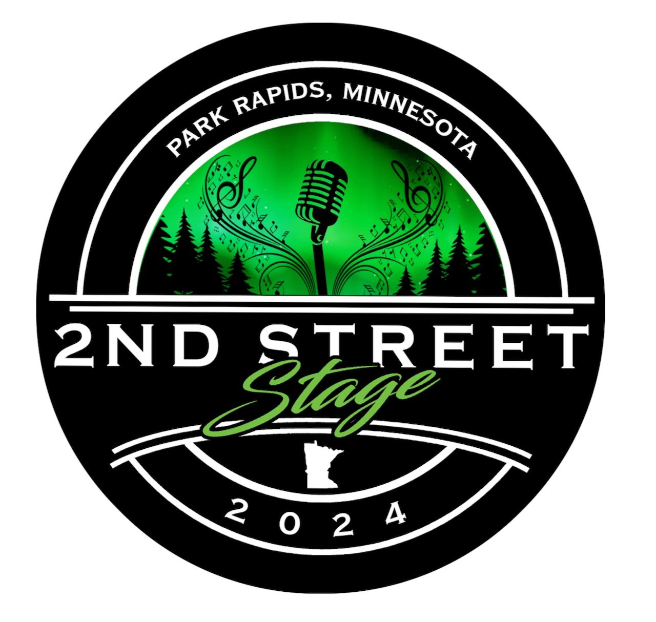 2nd Street Stage 2024 button featuring a microphone imposed on green northern lights