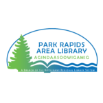 Half circle logo with a pine tree on the left and an open book shaped to look like running water on the bottom. Text in center right "park rapids area library agindaasoowigamig"