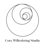 Circles in the Fibonacci sequence, text below "Cora Willenbring Studio"